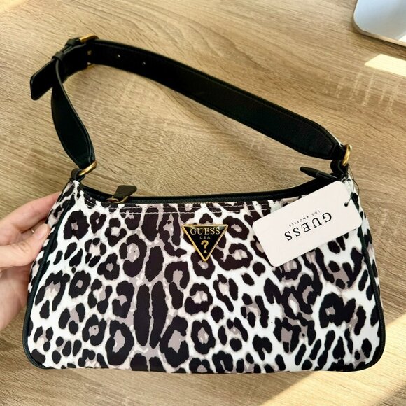 NWT Guess Little Bay Shoulder Bag Purse Nylon Black White Leopard